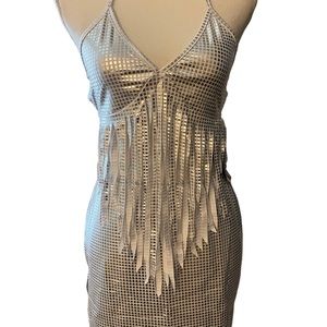 Metallic Silver Fringe Halter Top and Skirt Set